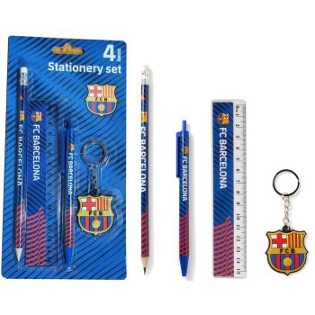 Official FC Barcelona 4-Piece Stationery Set with Keychain